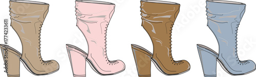 A fashionable collection of stylish women's high heel lace-up boots. Vector set of trendy footwear shown in four different color options