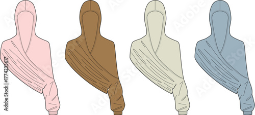 Vector illustration collection of a women's wrap hoodie. Technical flat fashion sketch for apparel design in four different colorways