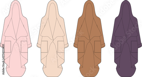 Collection of women's long duster coats shown in four color variations. Vector fashion flat technical drawing set for apparel design and style concepts