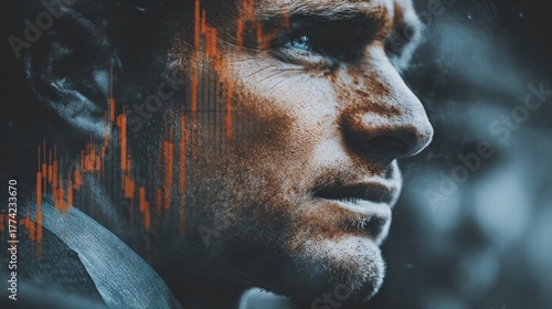 Economic Downturn: A portrait capturing the intensity of a person's emotions against the backdrop of an economic crisis, represented by a graph symbolizing market decline.