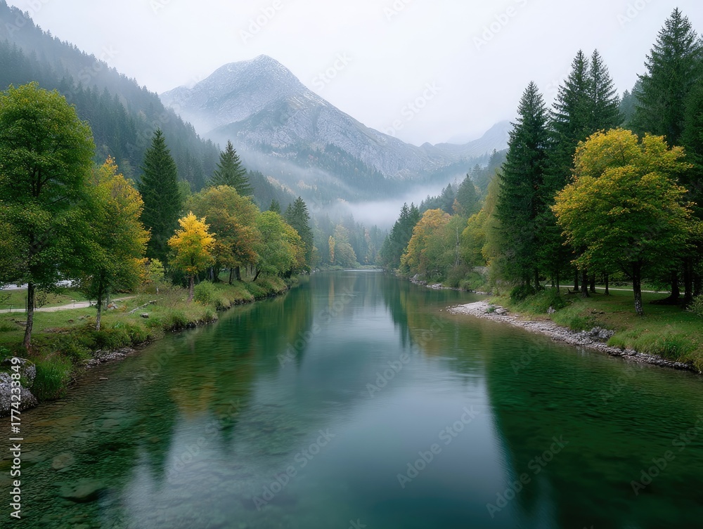 Fototapeta premium Misty Mountain Lake Reflecting Autumn Trees With Green and Yellow Foliage Under a Cloudy Sky