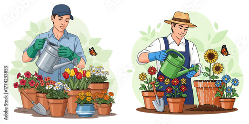 Vector image of a gardener wearing gloves, watering flowers with a watering can