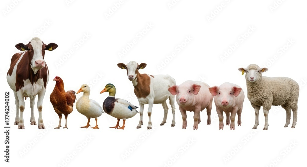 Obraz premium A group of farm animals including a cow, chicken, ducks, goat, pigs, and sheep standing together on a white background.