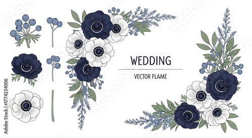 Elegant Navy Blue and White Anemone Floral Vector Collection - Wedding Bouquet Set