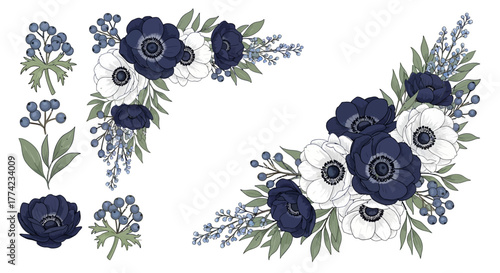 Elegant Navy Blue and White Anemone Floral Vector Collection - Wedding Bouquet Set
