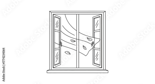 A simple line art silhouette of an open window with flowing curtains and decorative window panes