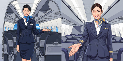 Vector image of a flight attendant in an airline uniform, welcoming passengers