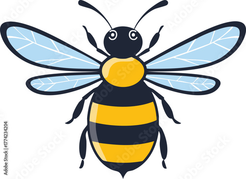 Cartoon illustration of a bee with black and yellow stripes, transparent wings, and antennae, isolated on white.