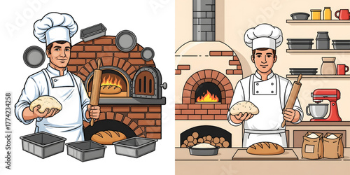 Vector image of a baker wearing a chef's hat, holding bread dough and a rolling pin