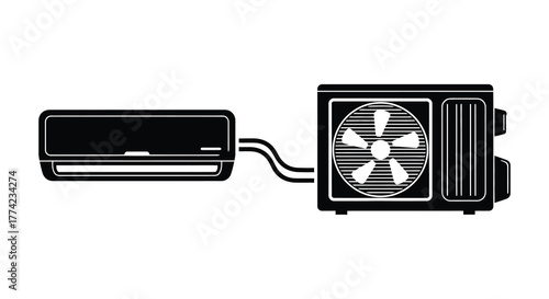 Modern split system air conditioner unit with indoor and outdoor components in a clean black silhouette
