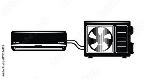 Modern air conditioning unit with indoor and outdoor components in a clean black silhouette