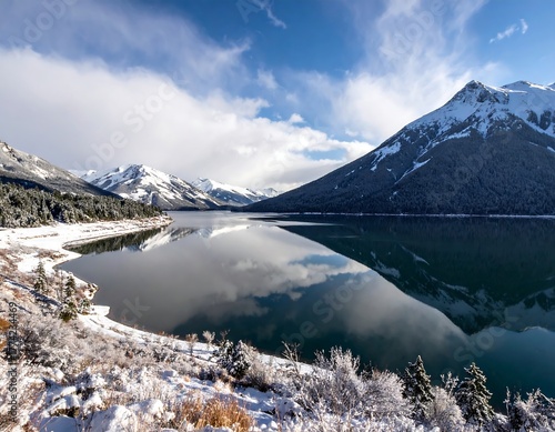 Scenic landscape featuring a mountain-ringed lake reflecting the sky