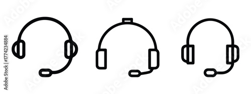 Headset icon set, call center support symbol, headphones with microphone vector pictogram