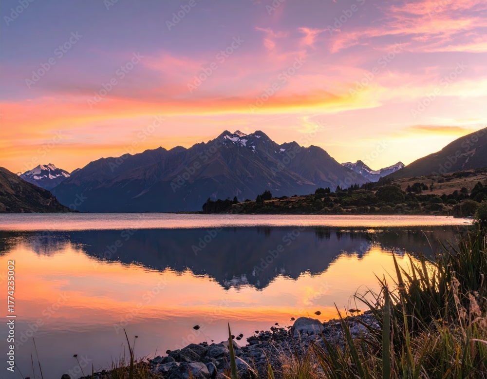 Fototapeta premium Mountain-lake sunset, pink-orange sky reflects on still water