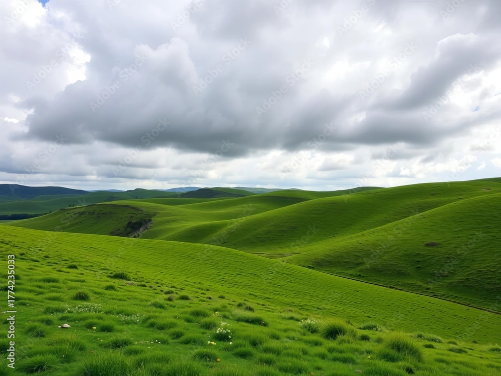 Fototapeta premium Rolling hills covered in green grass under a cloudy sky, cloudy, landscape