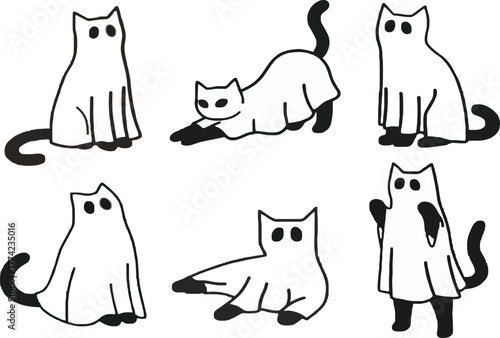 Funny cartoon black cat in ghost costume Halloween doodle collection, cute spooky pet character vector illustration set isolated