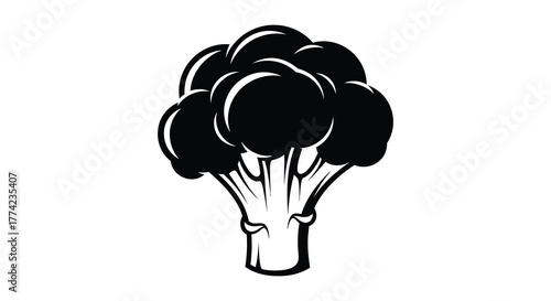 A simple black silhouette of a fresh broccoli head with a thick stem on a white background silhouette