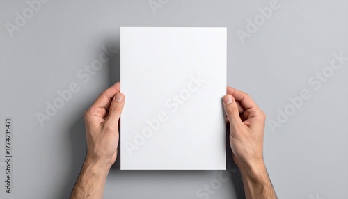 Person holding a blank white paper on a grey background for mockups and presentations