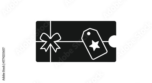 A simple black silhouette of a gift card with a bow and a star tag on a white background