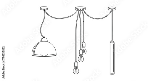 Hand drawn sketch of a modern chandelier with three pendant lights in a silhouette style