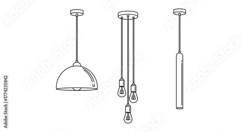 Three distinct styles of modern pendant light fixtures depicted in a clean line drawing silhouette