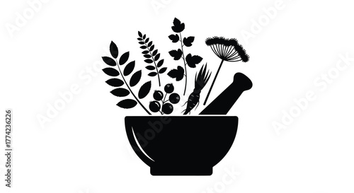 Black silhouette of a mortar and pestle filled with various herbs and flowers representing natural remedies and herbal medicine silhouette