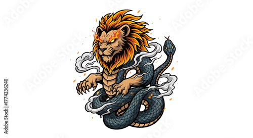 Dynamic lion intertwined with a powerful serpent, symbolizing strength, wisdom, and primal energy in a striking, illustrative design