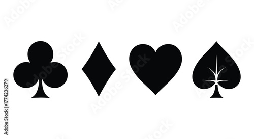 Four classic playing card suit symbols clubs diamonds hearts and spades in a stark black silhouette