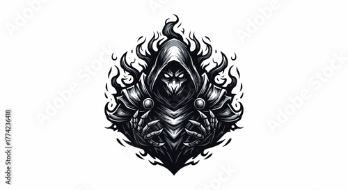 Enigmatic hooded figure with glowing eyes and skeletal hands, emanating dark energy and power, perfect for gaming or fantasy themes.