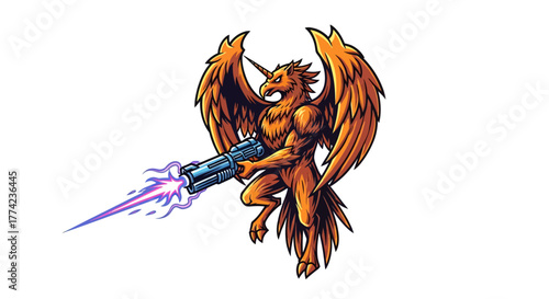 Fierce mythical griffin with unicorn horn unleashes powerful energy blast from futuristic weapon, ready for epic battle