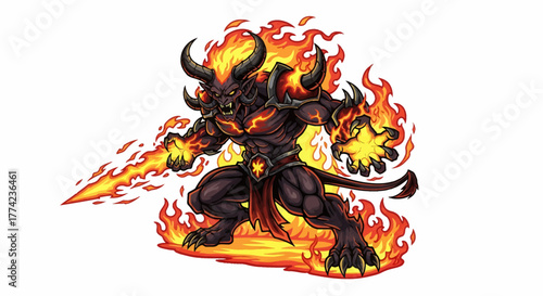 Fierce demon warrior wielding a fiery sword, surrounded by intense flames and radiating dark power, perfect for gaming art and fantasy concepts