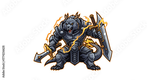 Fierce bear warrior in dark armor wielding powerful swords, radiating energy and ready for epic battle