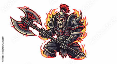 Fierce skeletal warrior wielding a massive battle axe, surrounded by intense flames, exuding power and a dark, menacing aura for epic fantasy or gaming themes.