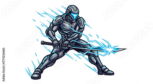 Dynamic cyborg warrior charges forward with glowing blue energy sword, ready for futuristic battle and high-tech action