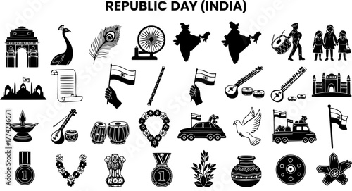 Republic Day India Icons: Collection of symbolic elements related to Indian Republic Day in black and white.