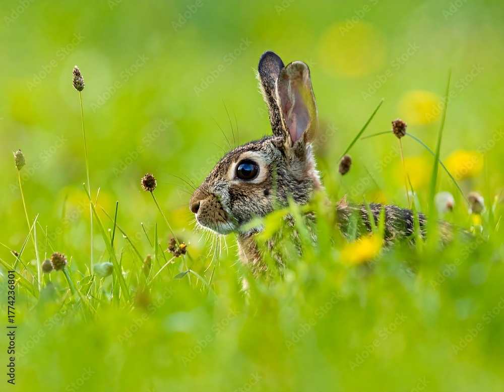 Fototapeta premium A wild rabbit in natural green grass, dandelion flowers, and foliage