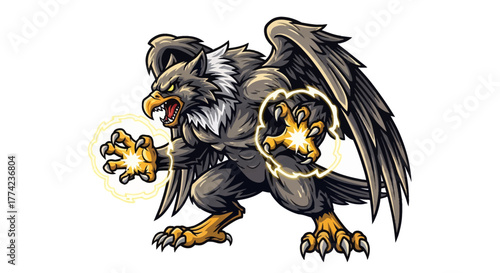 Fierce eagle creature unleashes powerful energy with glowing talons and sharp beak ready to strike with dynamic wings outstretched