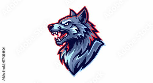 Fierce wolf mascot logo design with aggressive snarling expression and vibrant blue and red accents, perfect for sports teams and gaming.
