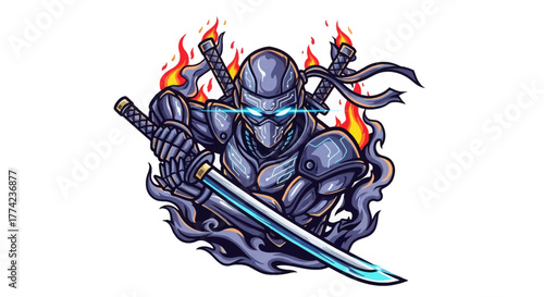 Cybernetic ninja wielding katana and burning with digital fire, perfect for gaming, esports, or tech branding