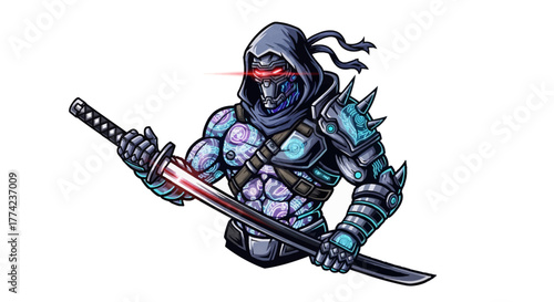 Cyberpunk ninja warrior wielding glowing katana, ready for epic battles and futuristic showdowns, perfect for gaming, comics, and sci-fi projects
