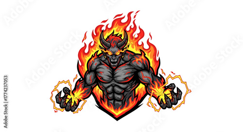 Fierce fiery demon character radiating power and intense energy with glowing eyes and crackling electricity