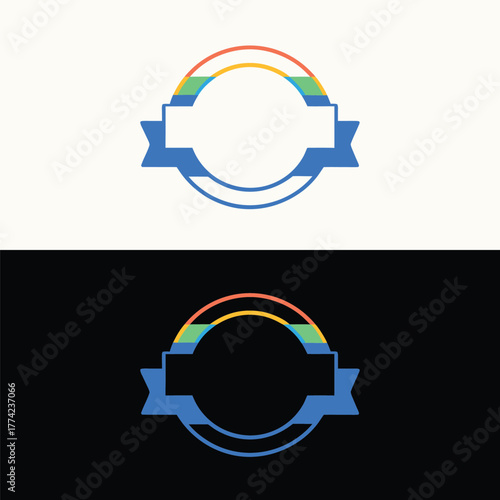 Stylish blue circle logo with a banner, featuring a rainbow gradient, perfect for inclusive brands, creative agencies, or organizations promoting diversity and positivity isolated on white background