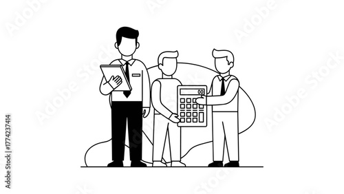 Three business people with a calculator and a clipboard, discussing finances