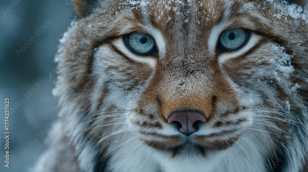 Obraz premium Lynx with striking blue eyes rests in snowy forest during winter afternoon