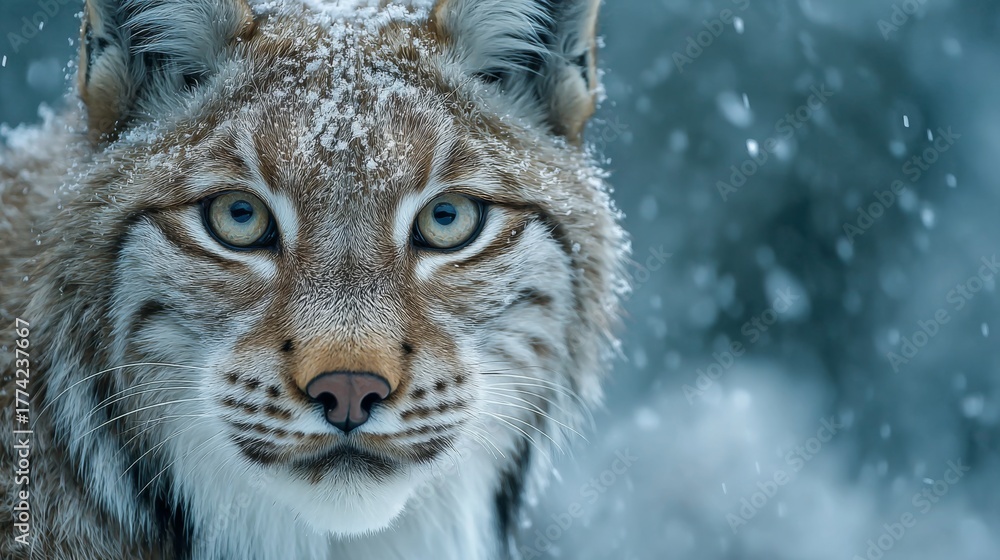 Obraz premium Lynx in snowfall showcasing beautiful fur and striking eyes in a winter landscape