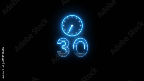 Neon countdown clock illustration. Time 30 days to go symbol.