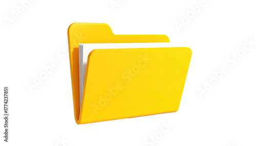 A bright yellow folder filled with white papers, isolated on a black background