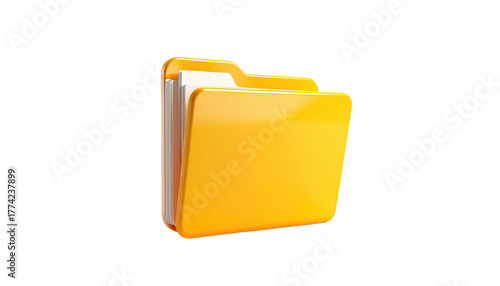 A glossy, open, yellow file folder with white documents inside