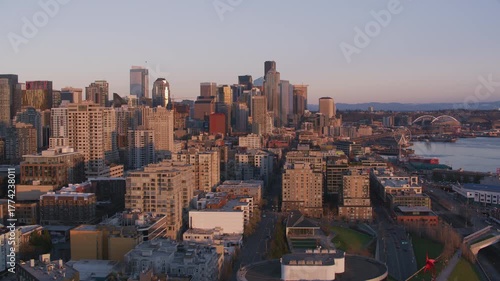 Aerial shot of Seattle city skyline at sunset. 