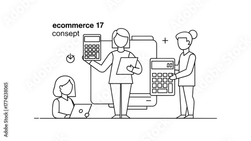Team working on ecommerce concept with calculators and laptop